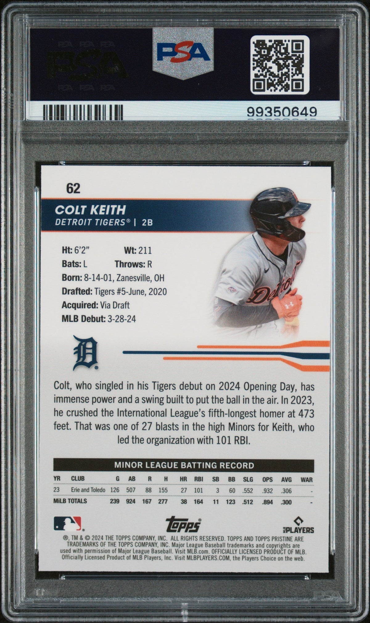 Graded 2024 Topps Pristine Colt Keith #62 Rookie RC Baseball Card PSA 10 Gem Mint