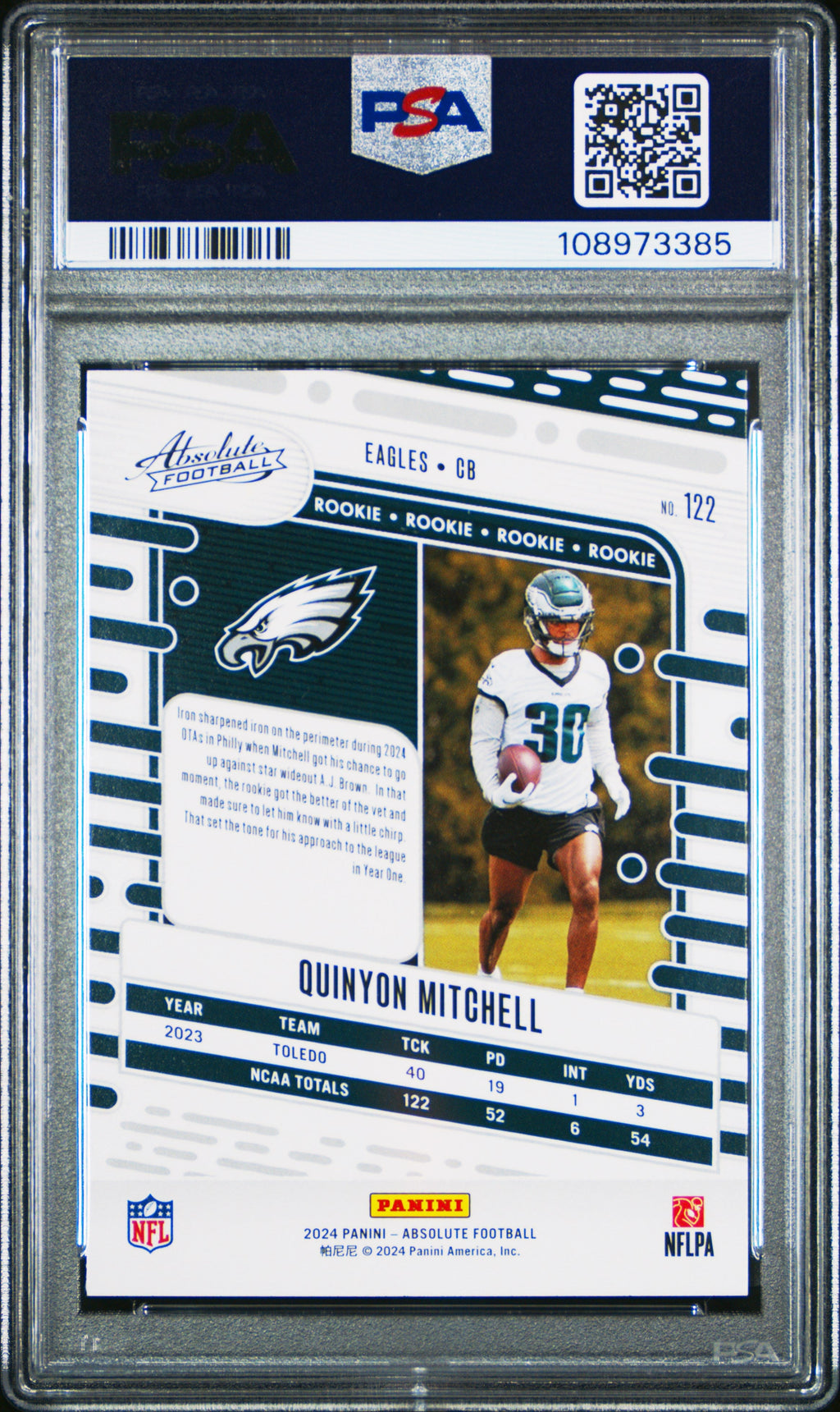 Graded 2024 Panini Absolute Quinyon Mitchell #122 Rookie RC Football Card PSA 9 Mint