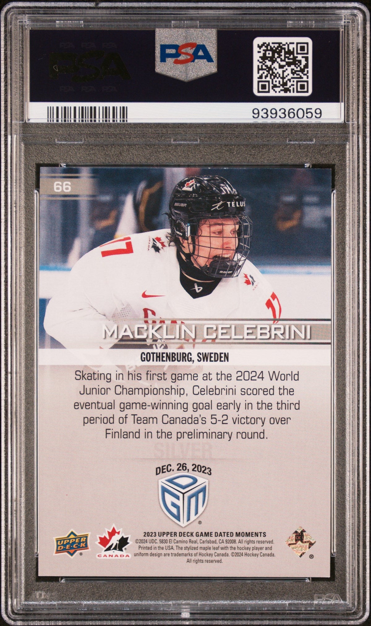 Graded 2023 Upper Deck Macklin Celebrini #66 Game Dated Moments Rookie RC Hockey Card PSA 10 Gem Mint