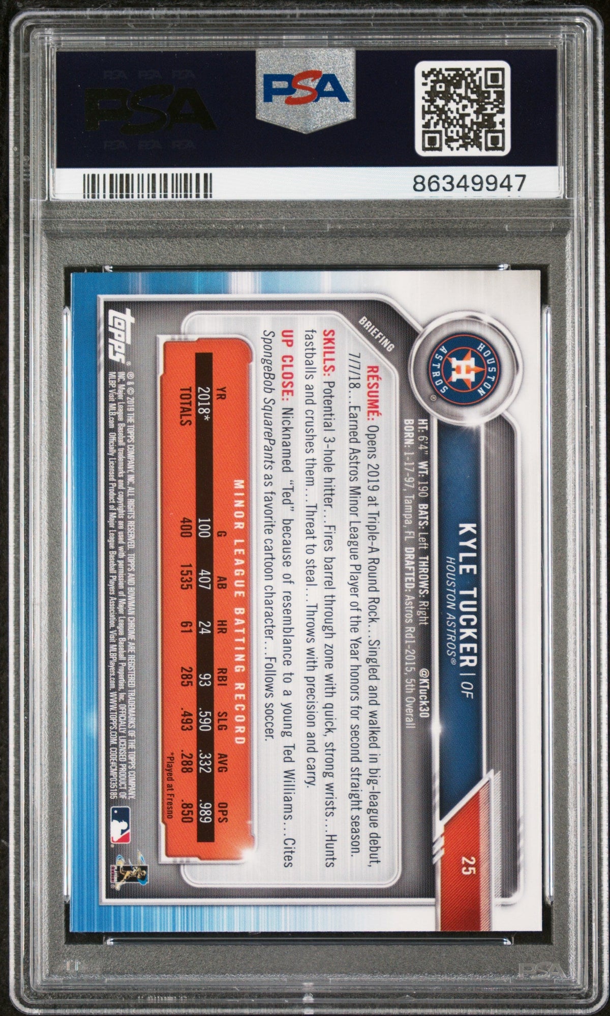 Graded 2019 Topps Bowman Chrome Kyle Tucker #25 Rookie RC Baseball Card PSA 10 Gem Mint