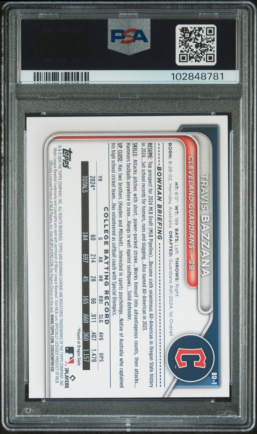 Graded 2024 Topps Bowman Draft Travis Bazzana #BD1 Rookie RC Baseball Card PSA 10 Gem Mint