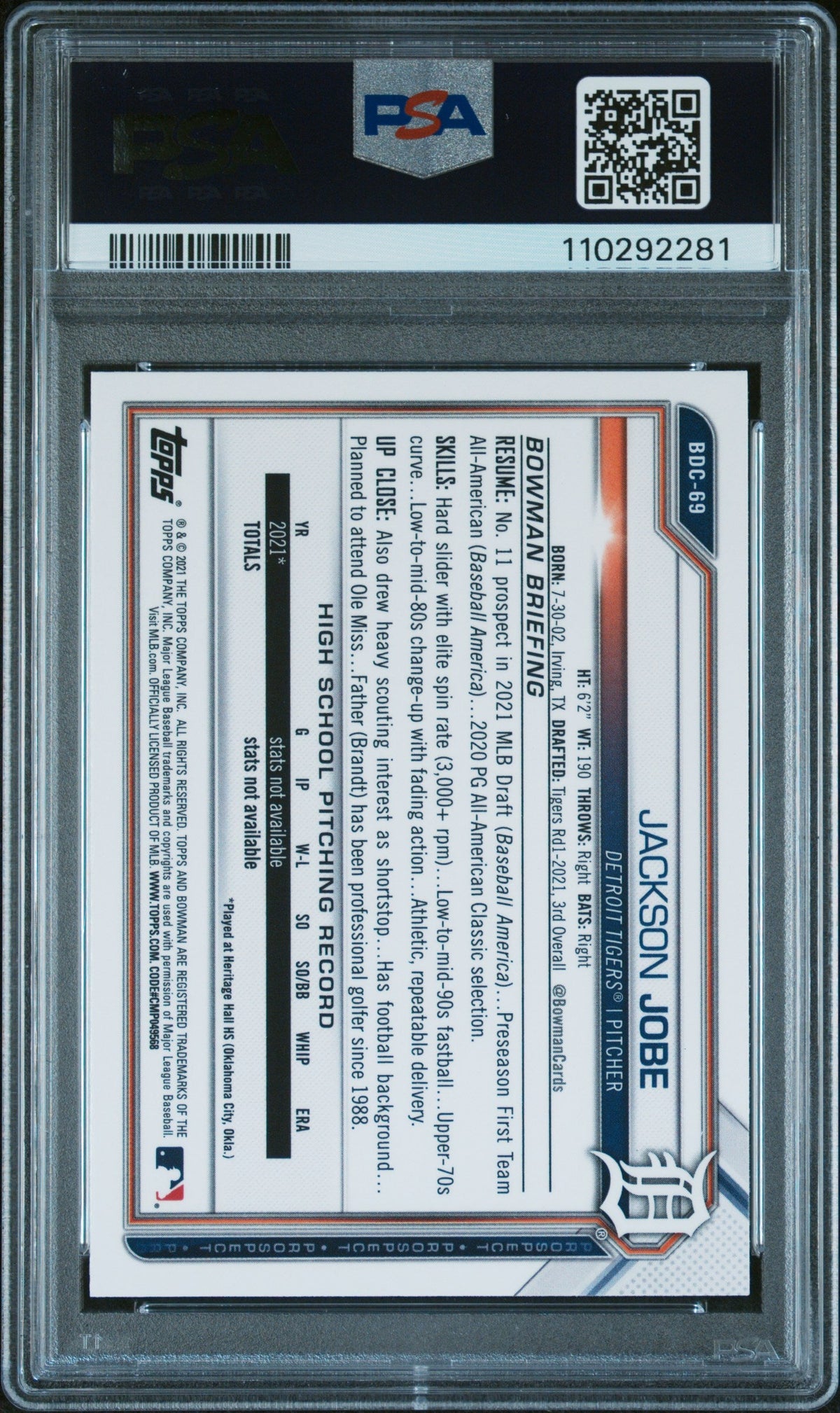 Graded 2021 Topps Bowman Draft Jackson Jobe #BDC69 Chrome Rookie RC Baseball Card PSA 10 Gem Mint