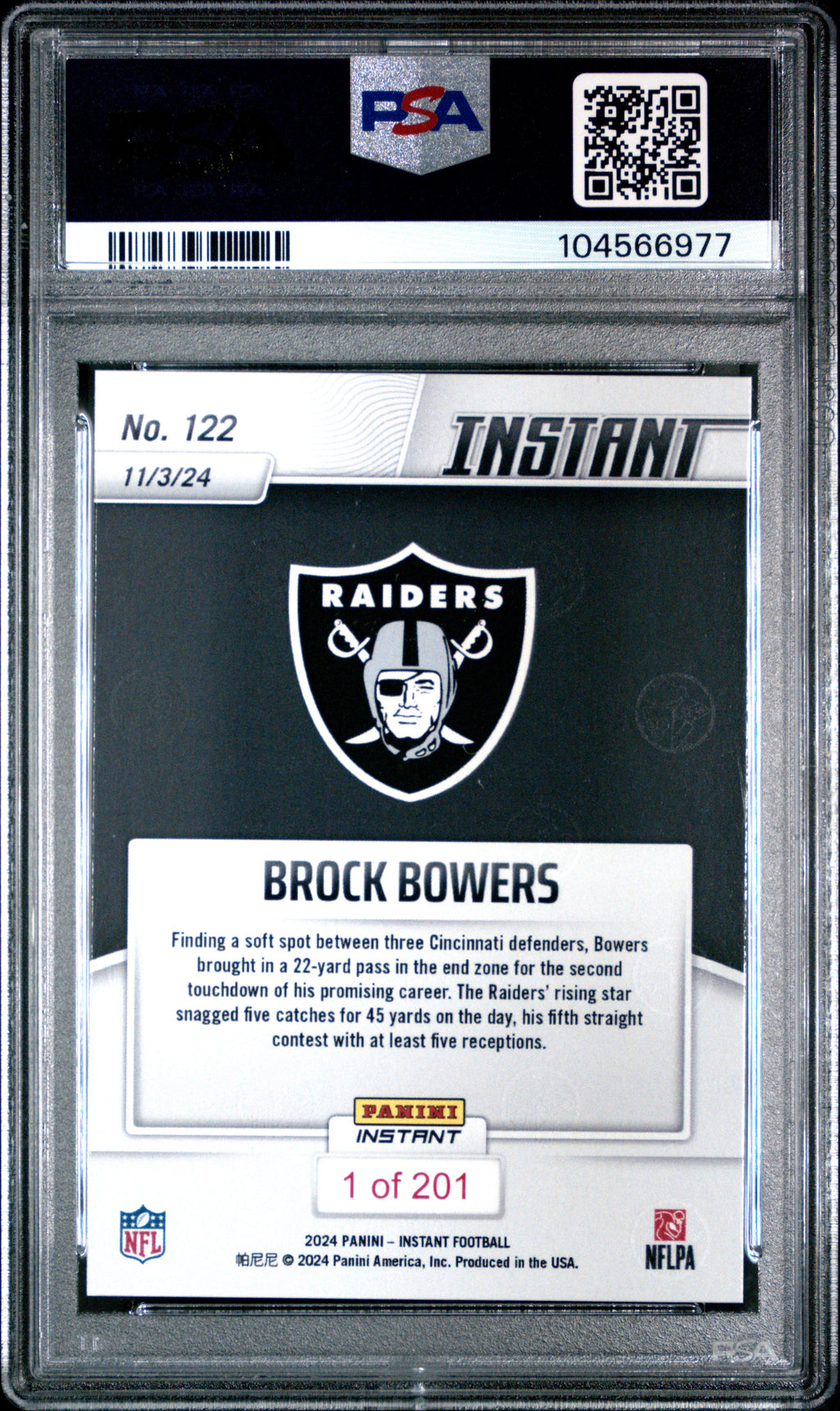 Graded 2024 Panini Instant NFL Brock Bowers #122 Rookie RC Football Card PSA 9 Mint