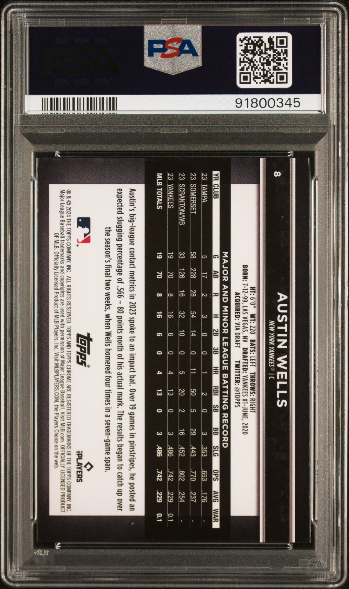 Graded 2024 Topps Bowman Austin Wells #8 Variation Rookie RC Baseball Card PSA 10 Gem Mint