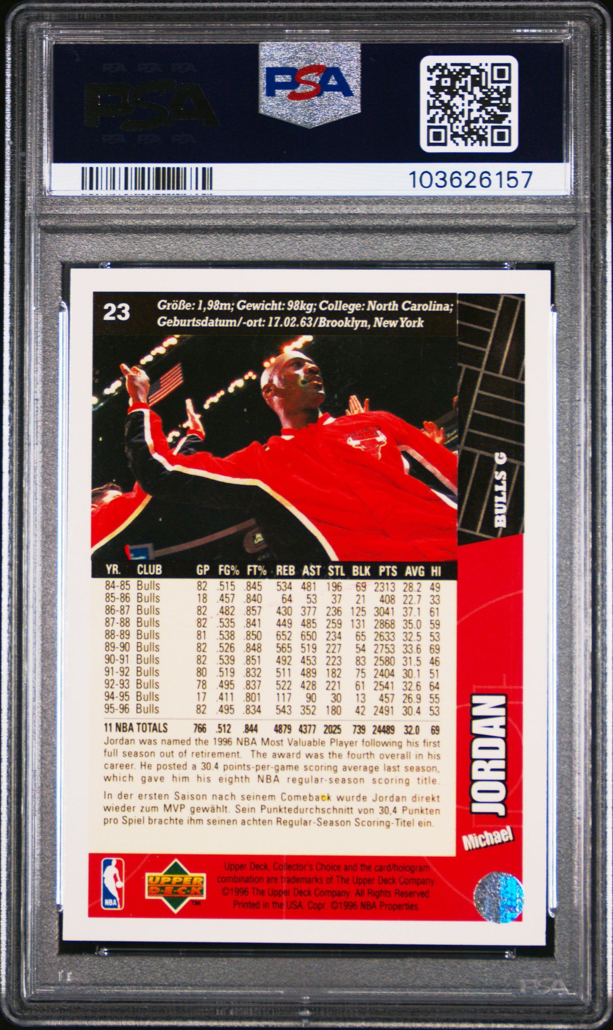 Graded 1996 Upper Deck Collectors Choice Michael Jordan #23 Basketball Card PSA 9 Mint