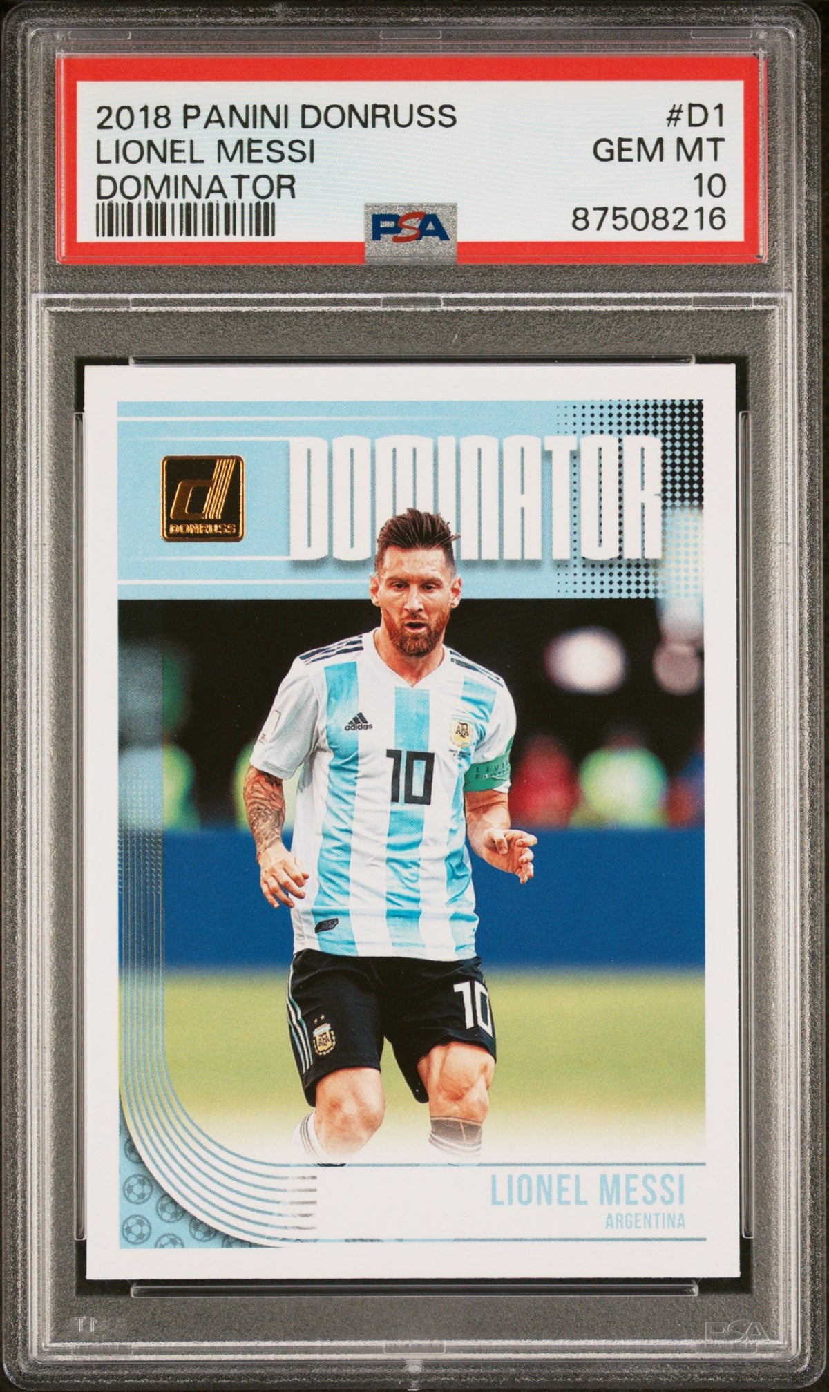 Graded 2018 Panini Donruss Lionel Messi #D1 Dominator Soccer Card PSA 10 Gem Mint