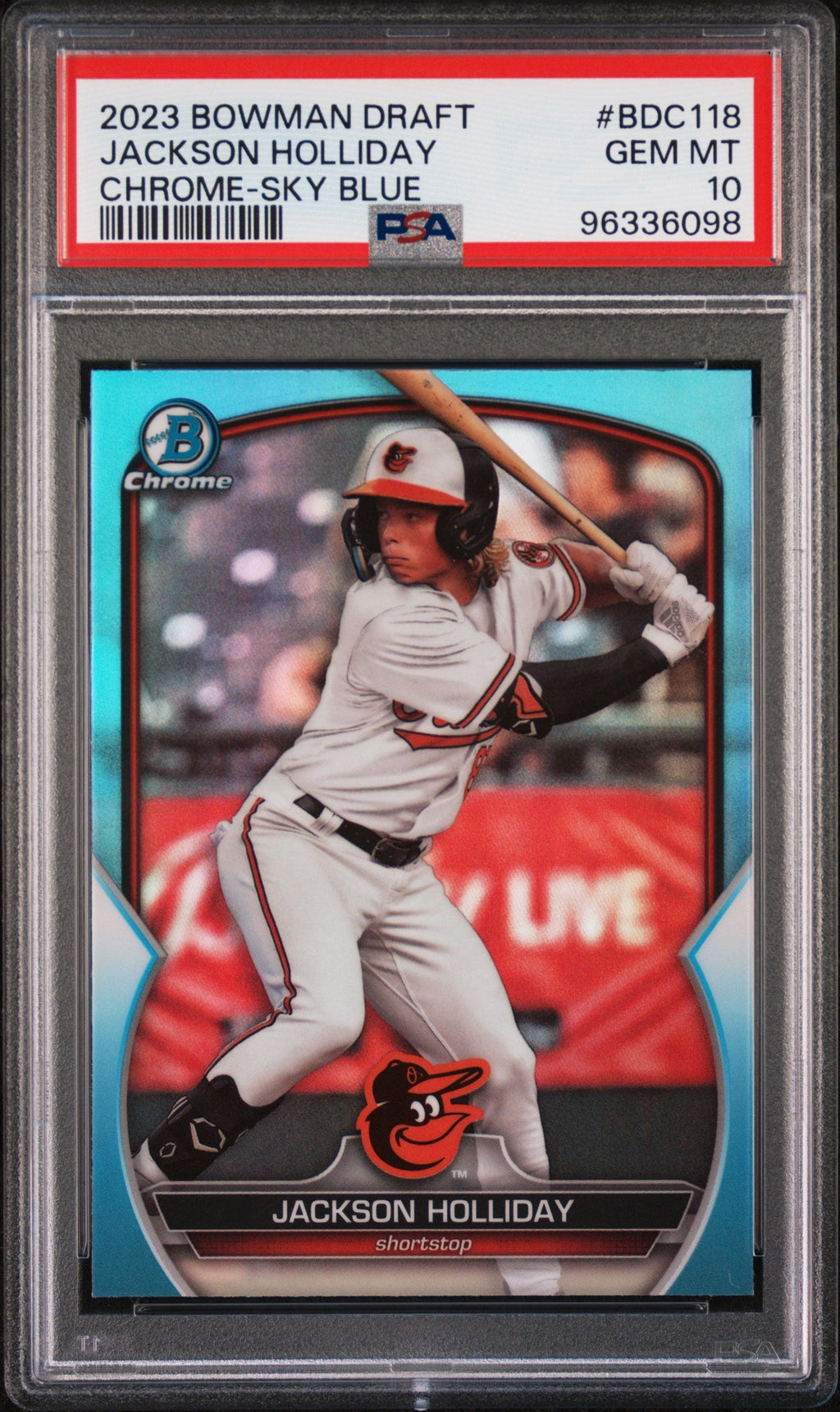 Graded 2023 Topps Bowman Draft Jackson Holliday #BDC118 Chrome Sky Blue Rookie RC Baseball Card PSA 10 Gem Mint