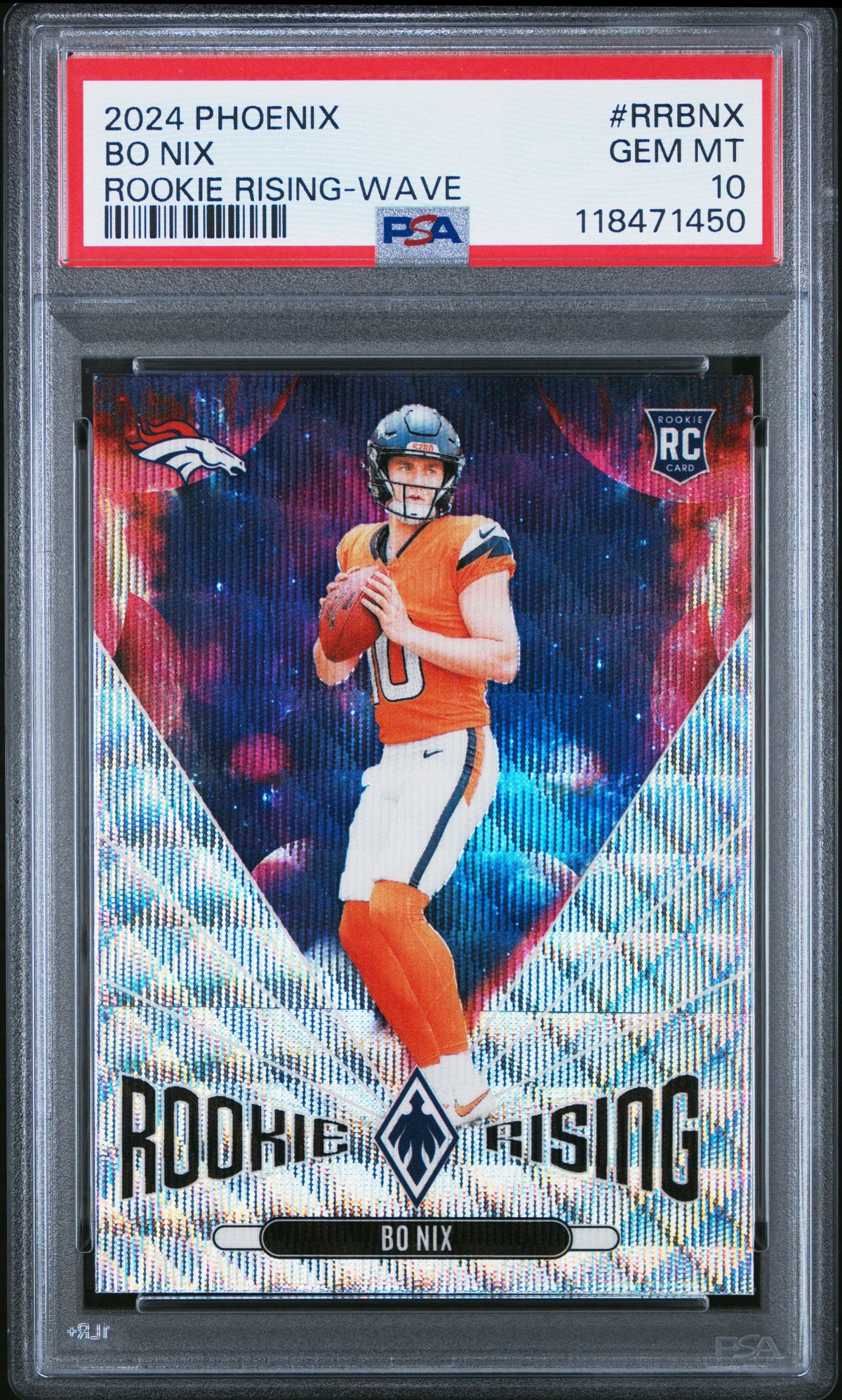 Graded 2024 Panini Phoenix Bo Nix #RRBNX Rookie Rising Wave Rookie RC Football Card PSA 10 Gem Mint