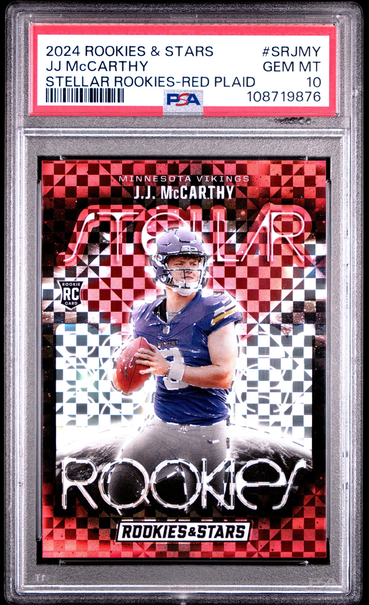 Graded 2024 Panini Rookies & Stars JJ McCarthy #SRJMY Stellar Rookies Red Plaid Rookie RC Football Card PSA 10 Gem Mint